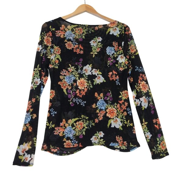 INC Mesh Top Womens M Black Floral Semi Sheer Whimsigoth Dark Fairy Cottagecore - Picture 2 of 14